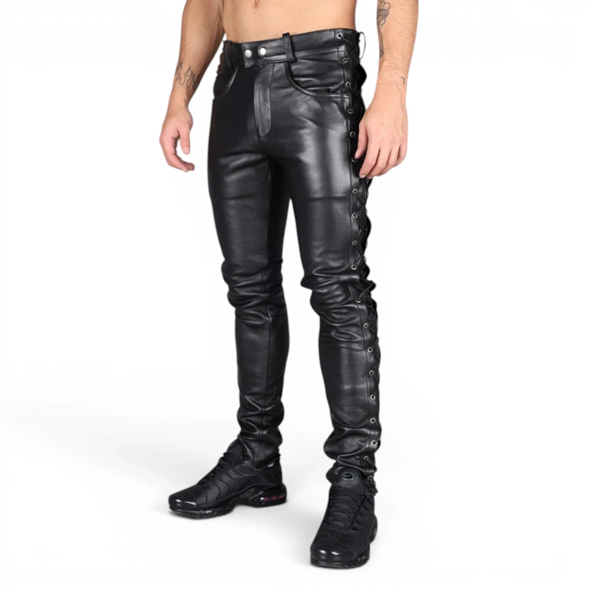 Men’s Black Leather Pocket Lace up Pants-0