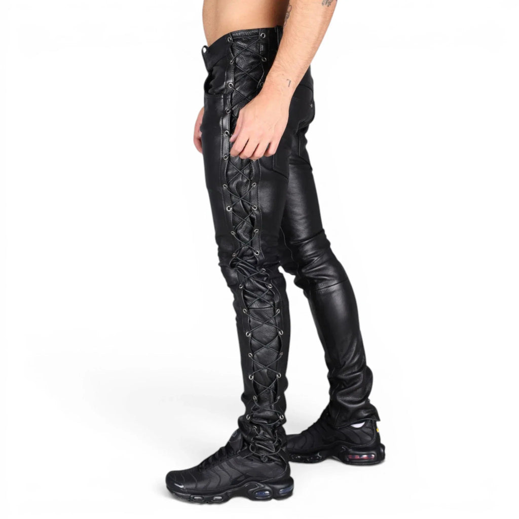 Men’s Black Leather Pocket Lace up Pants-1