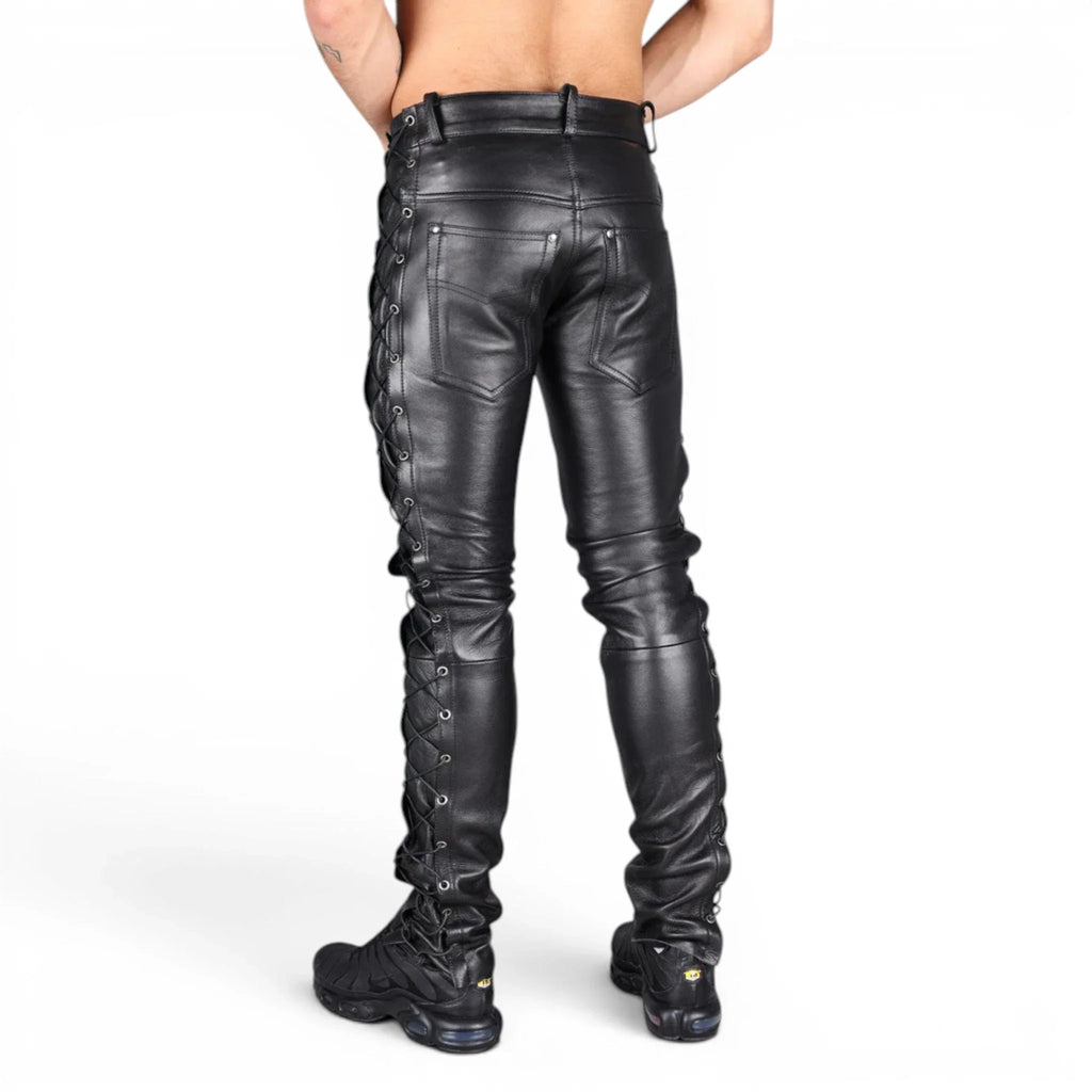 Men’s Black Leather Pocket Lace up Pants-2