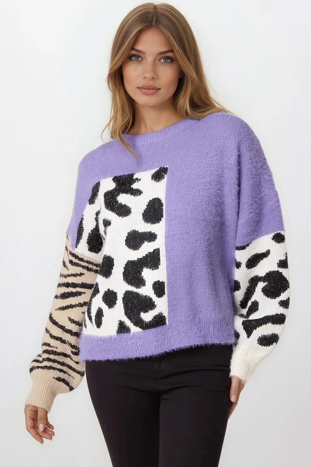 Purple Mixed Animal Pattern Knit Jumper-2