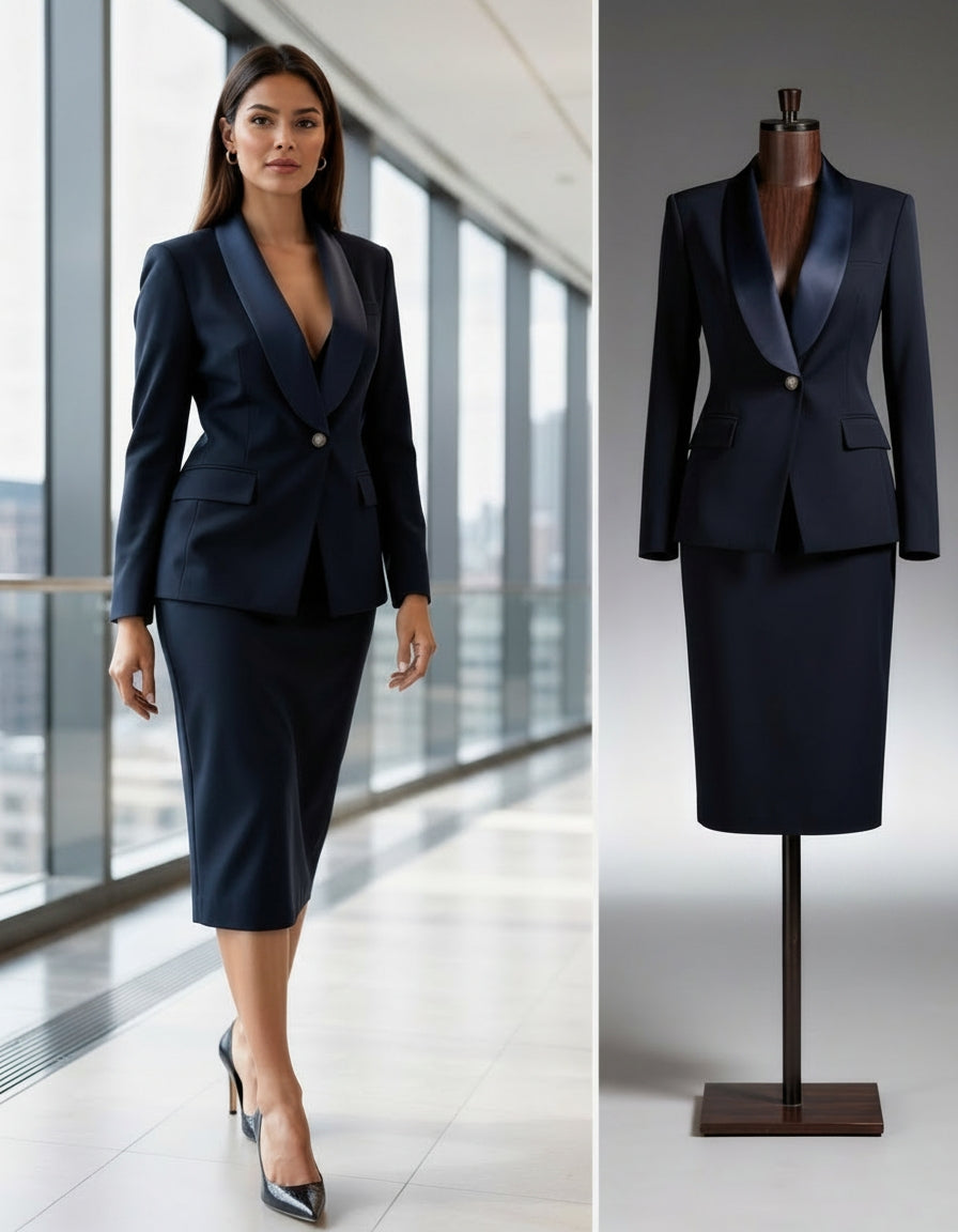 The navy satin lapel skirt suit-1