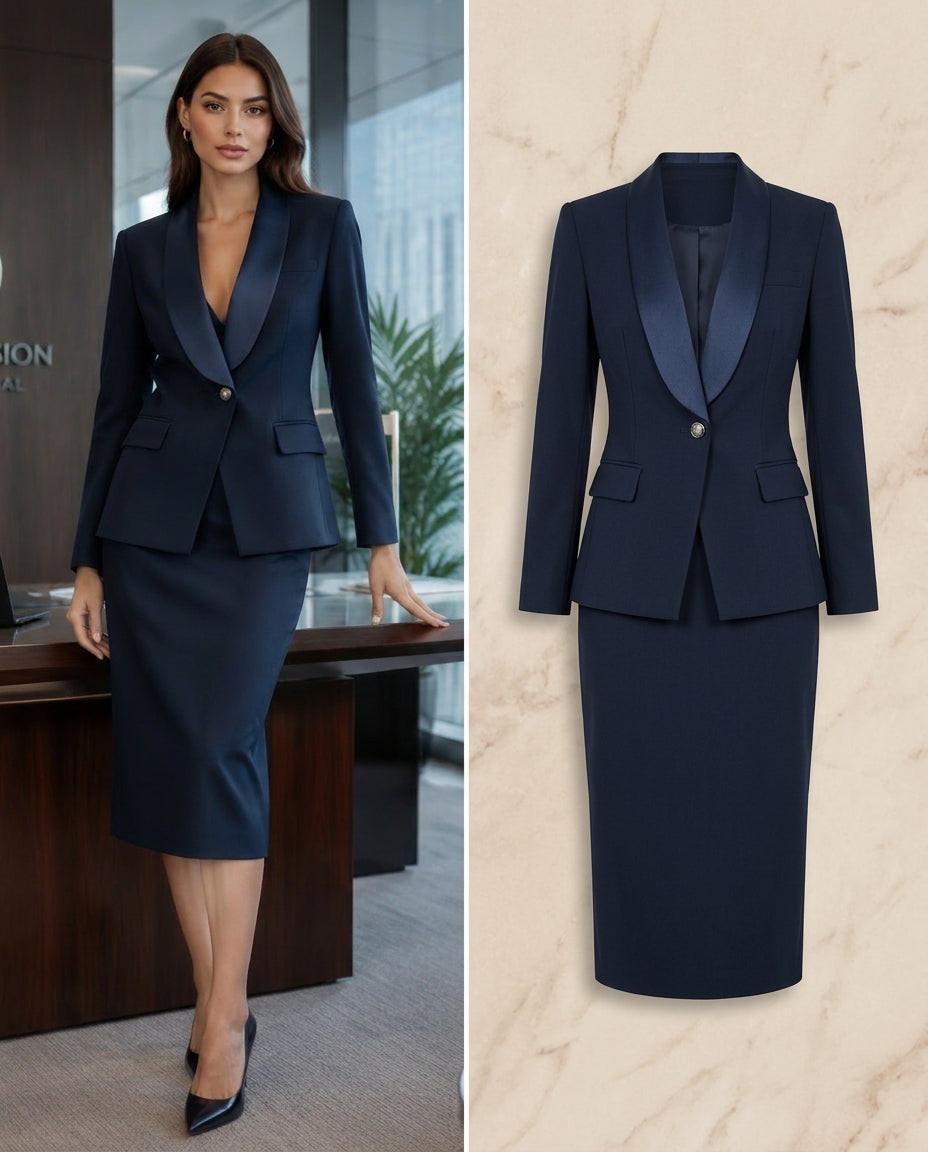The navy satin lapel skirt suit-2