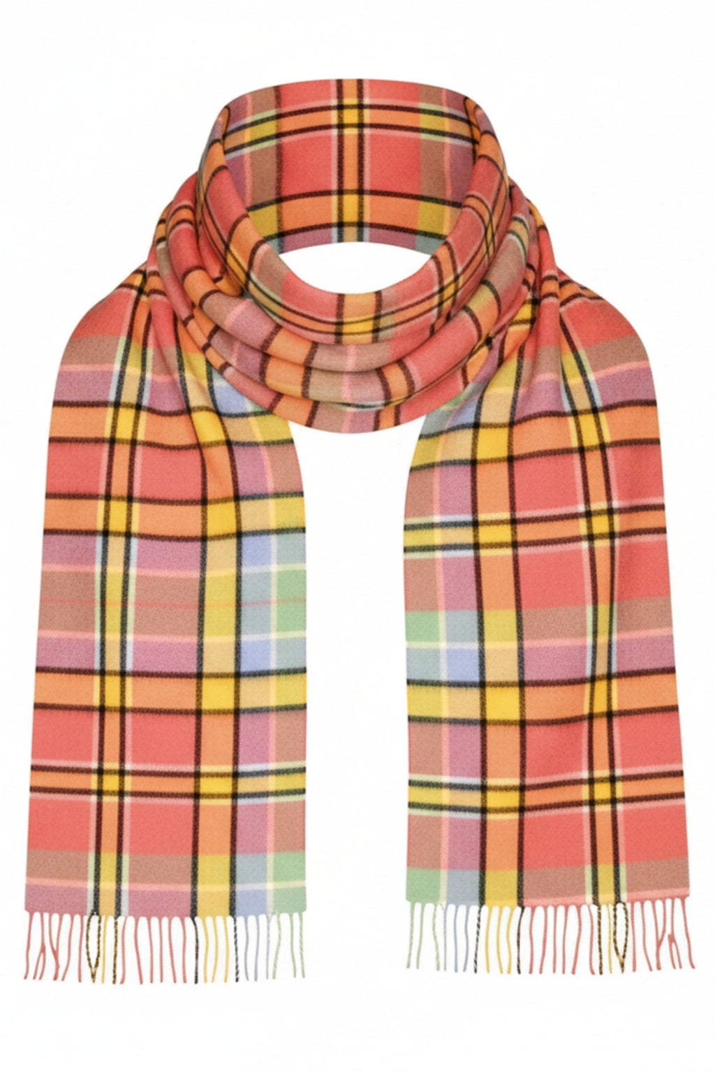 Lobster, Yellow, Apple & Wedgewood Check Cashmere Scarf-3
