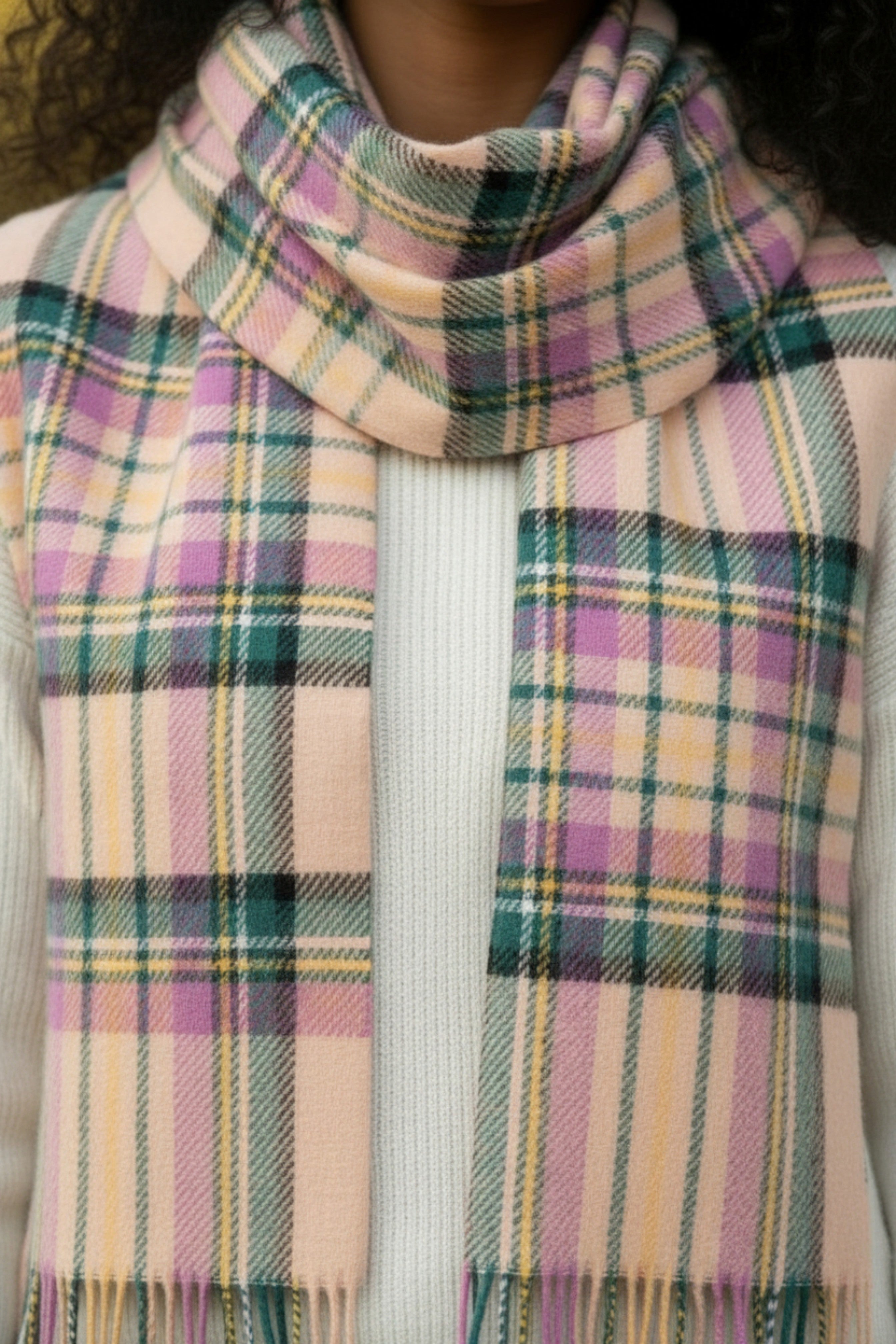 Blue, Green & Lilac Tartan lambswool Scarf-2