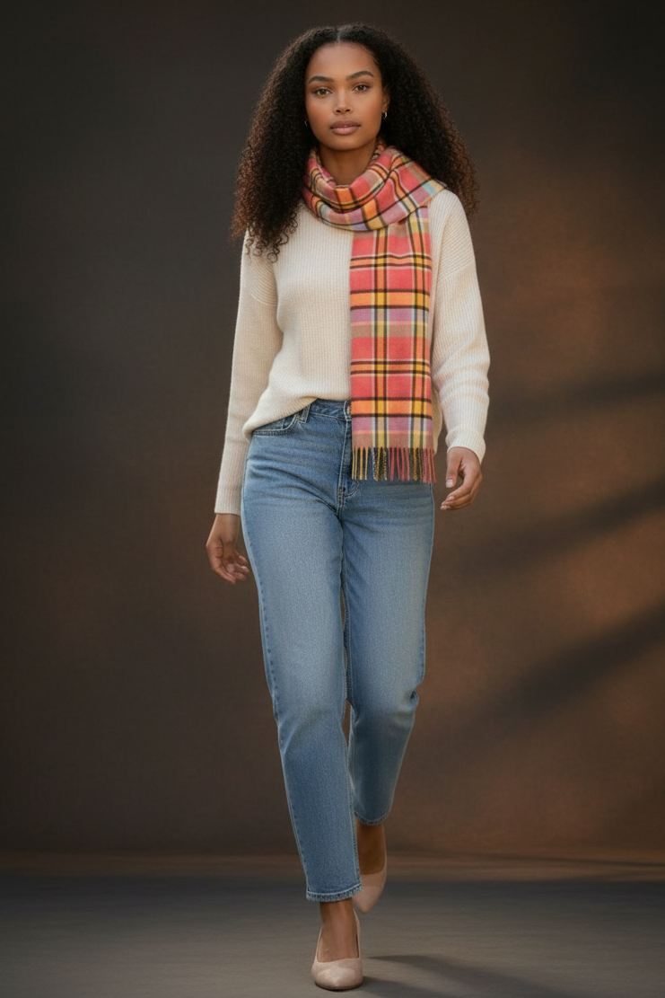 Lobster, Yellow, Apple & Wedgewood Check Cashmere Scarf-1