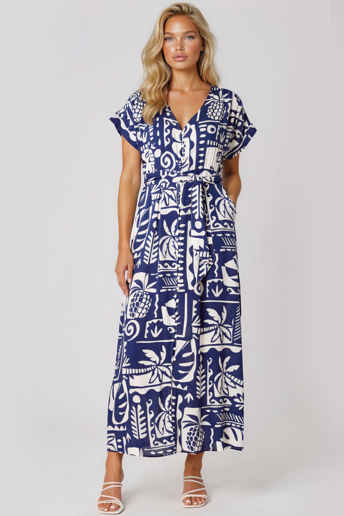 Royal Blue Tropical Print Tie Waist Maxi Dress-0