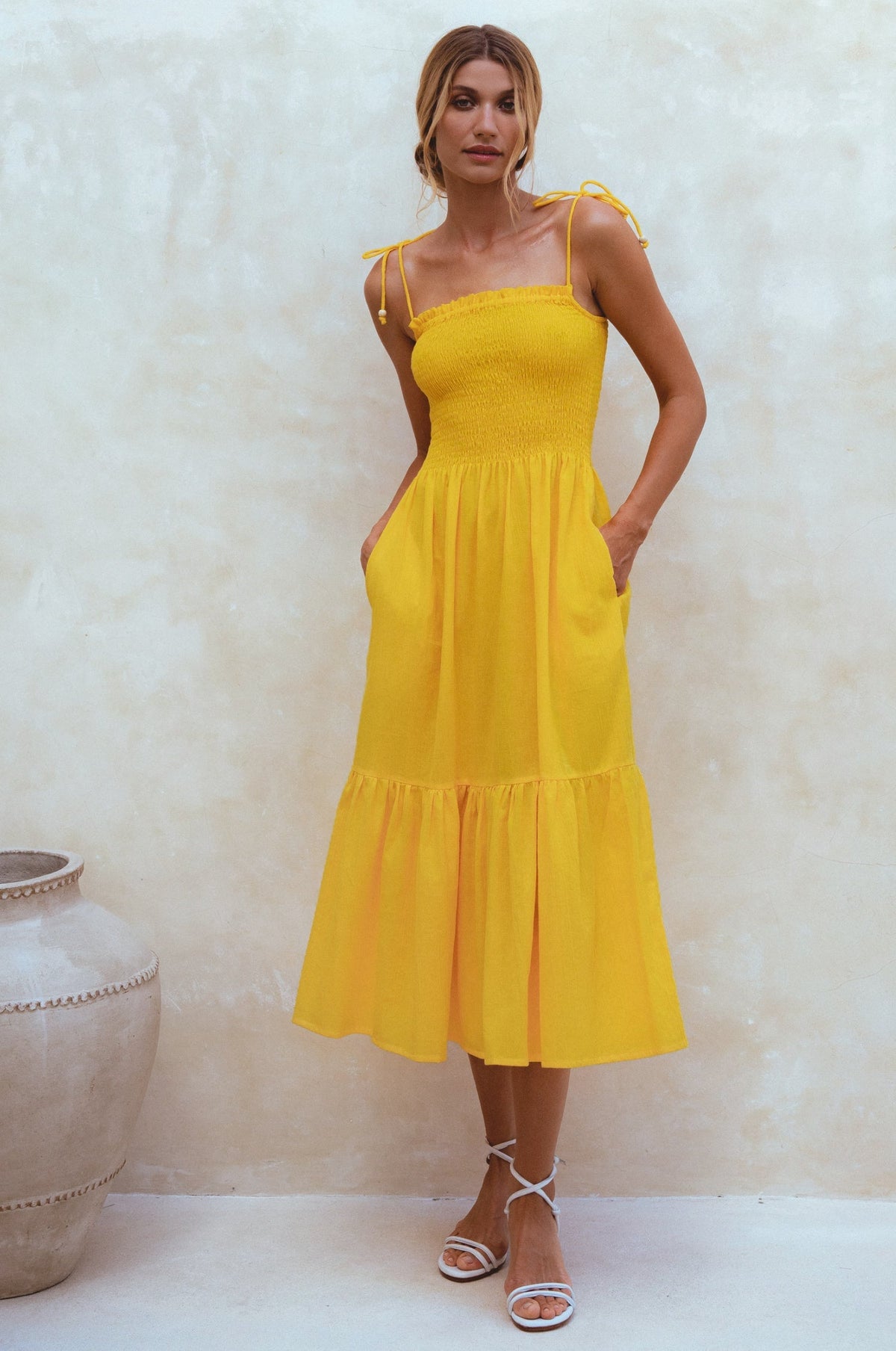Paradiso Strappy Linen Midi Dress-1