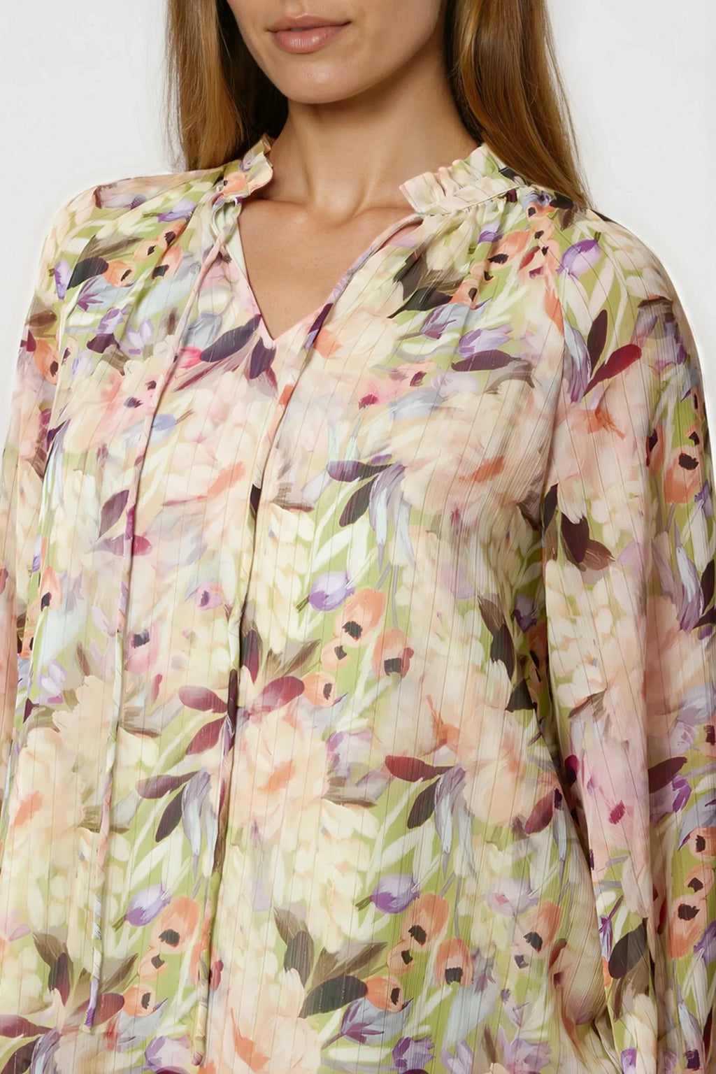 Green Floral Print Tie Neck Blouse-1