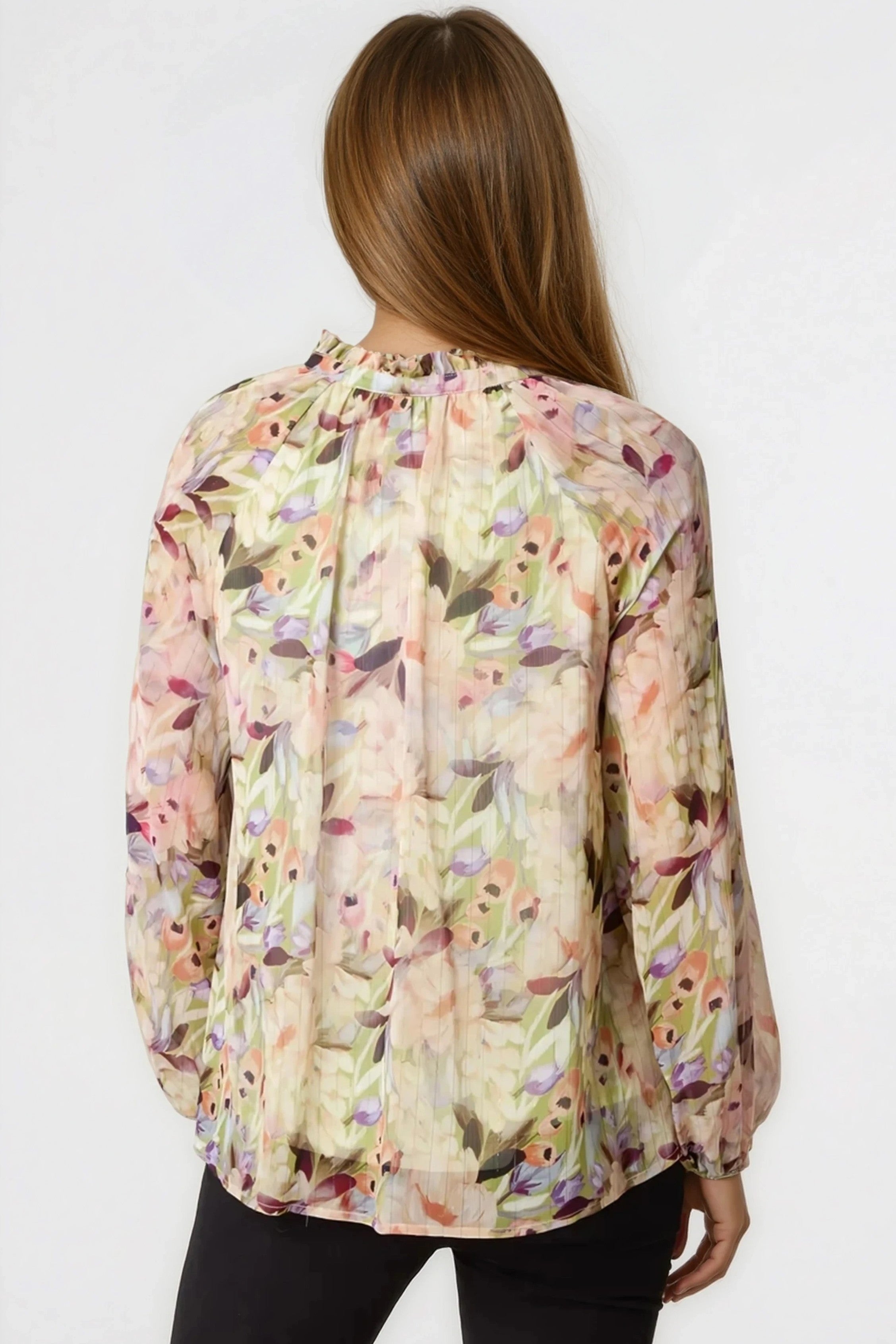 Green Floral Print Tie Neck Blouse-2