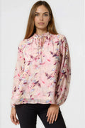 Pink Floral Print Tie Neck Blouse-0