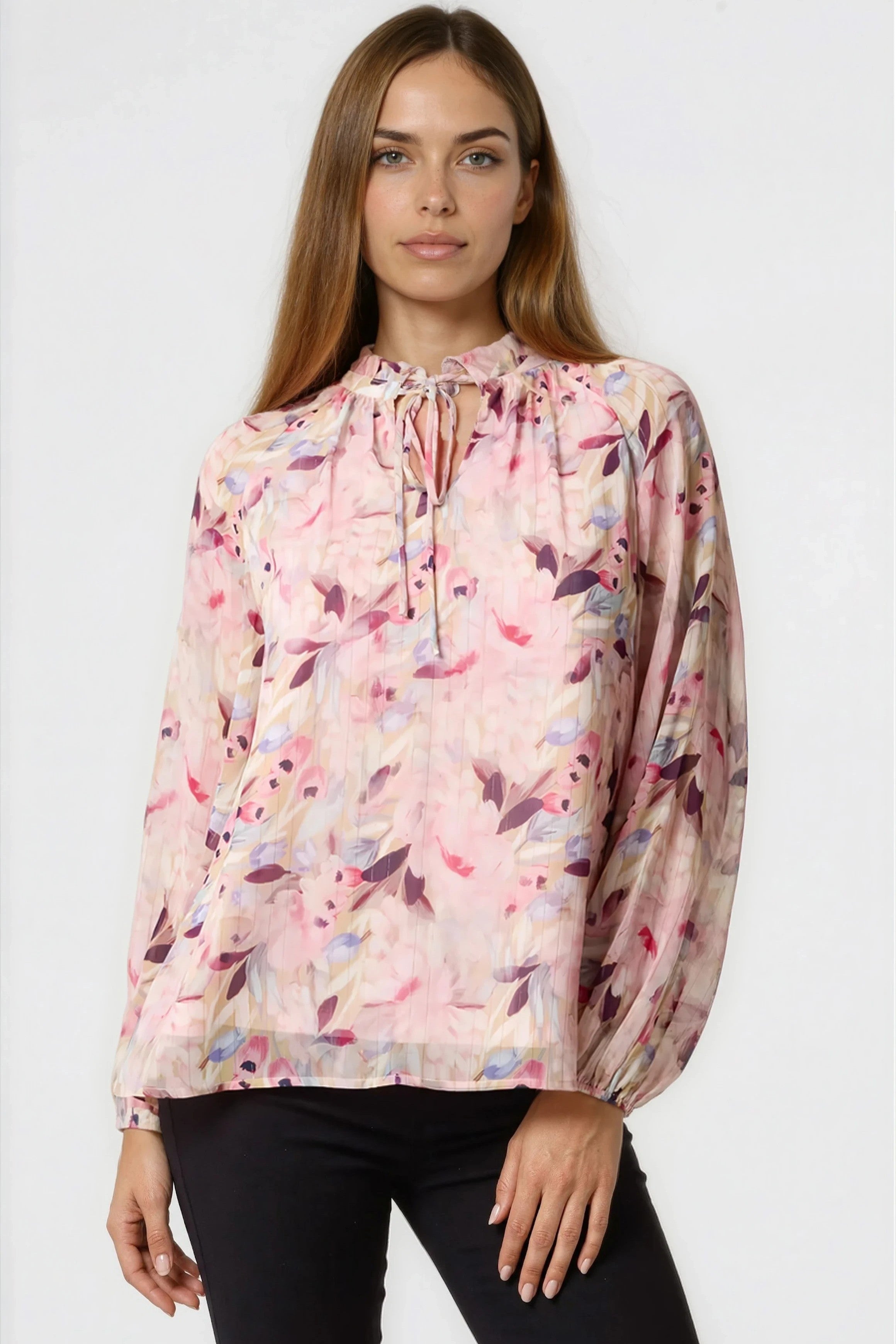 Pink Floral Print Tie Neck Blouse-0