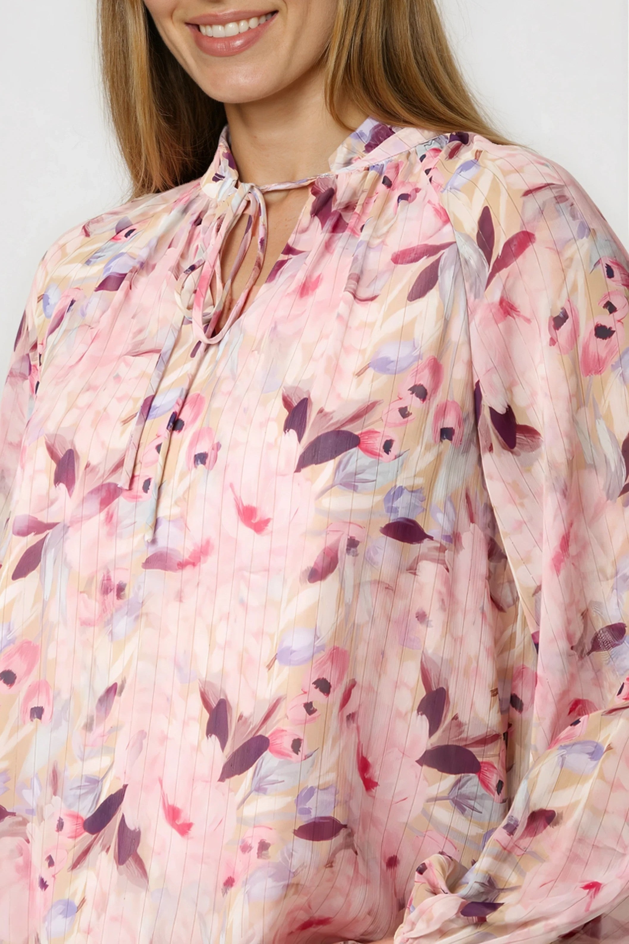 Pink Floral Print Tie Neck Blouse-1