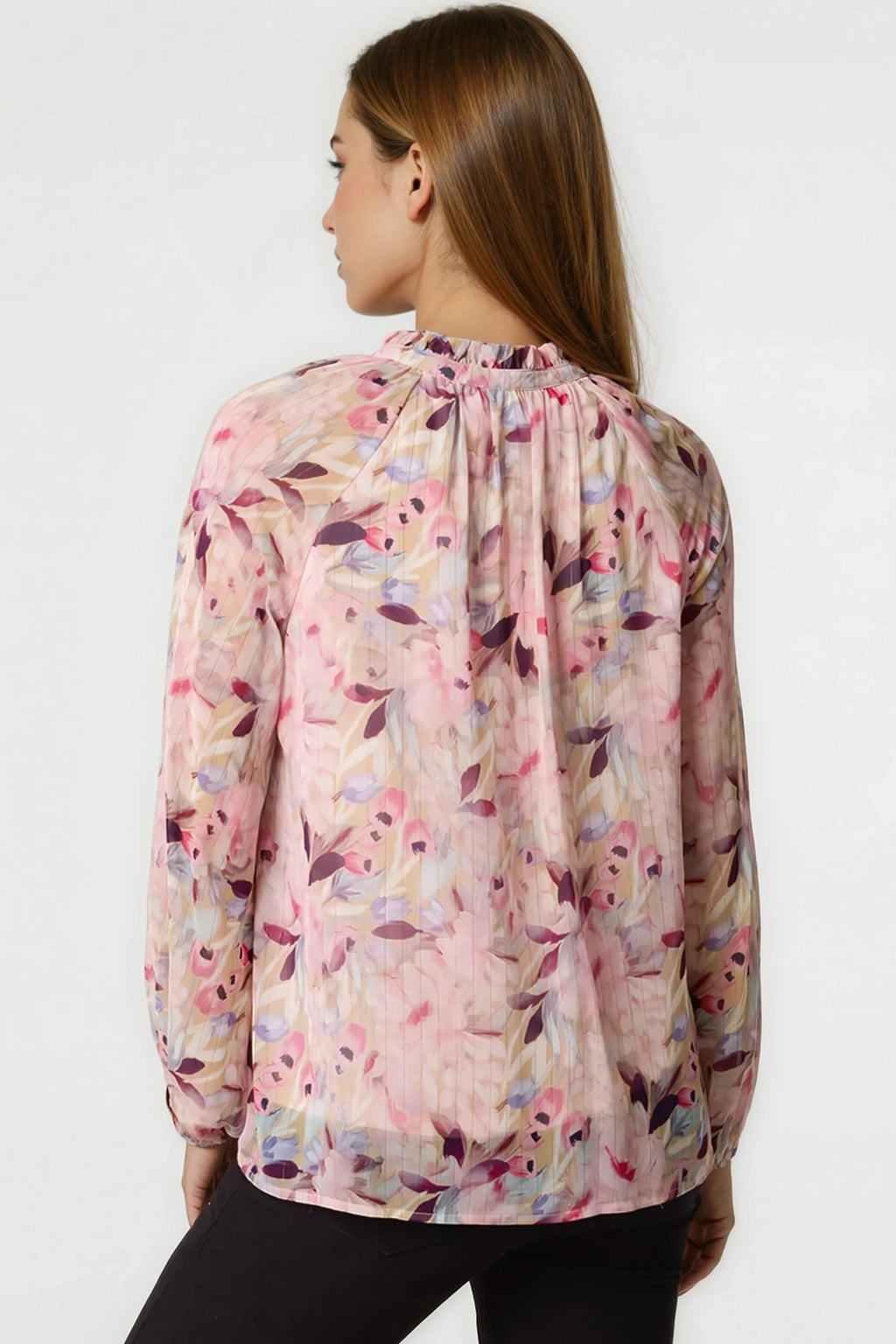 Pink Floral Print Tie Neck Blouse-2