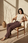 Brown Linen Blend Pin Striped Wide Leg Trousers-0