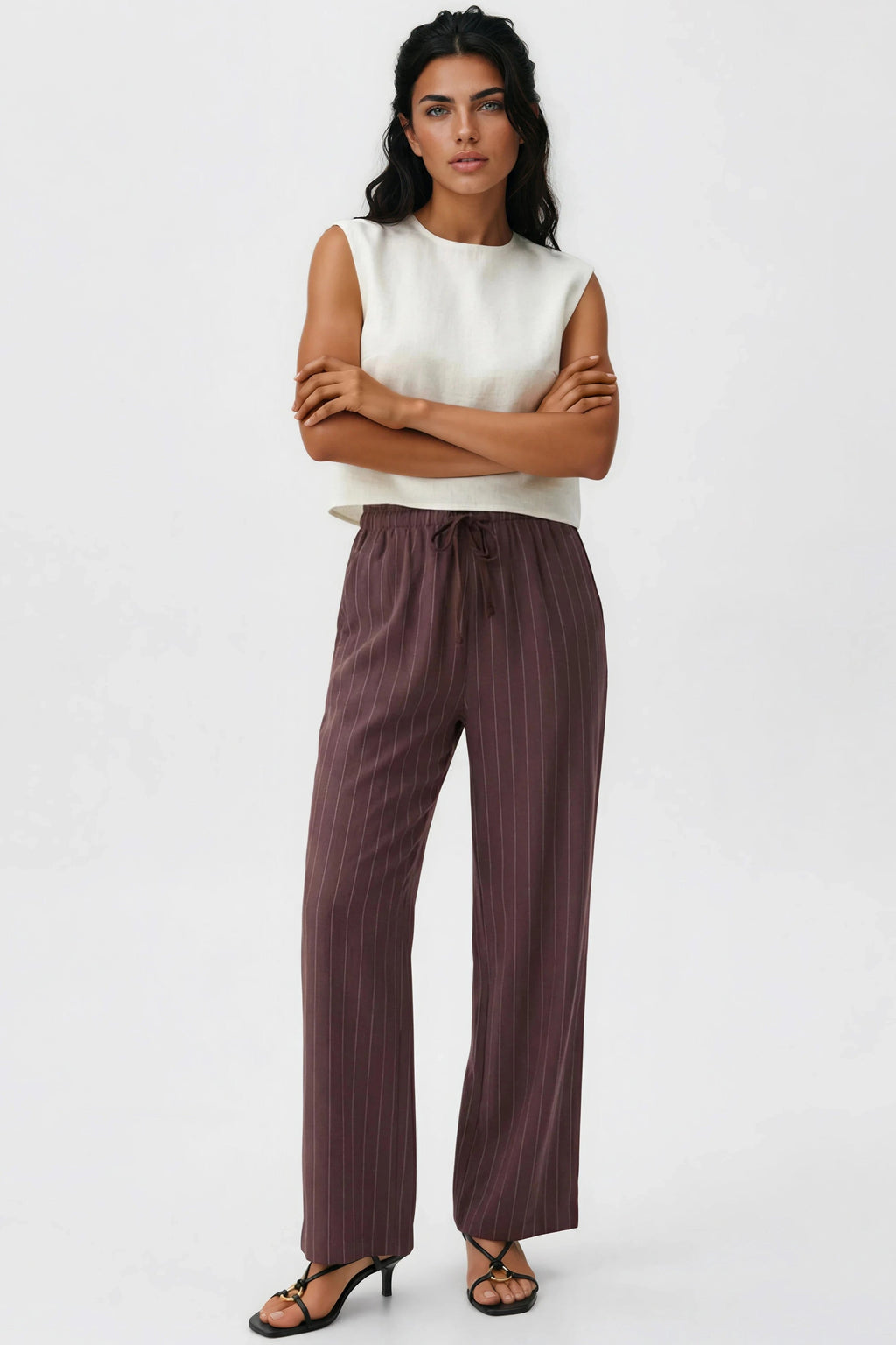 Brown Linen Blend Pin Striped Wide Leg Trousers-1