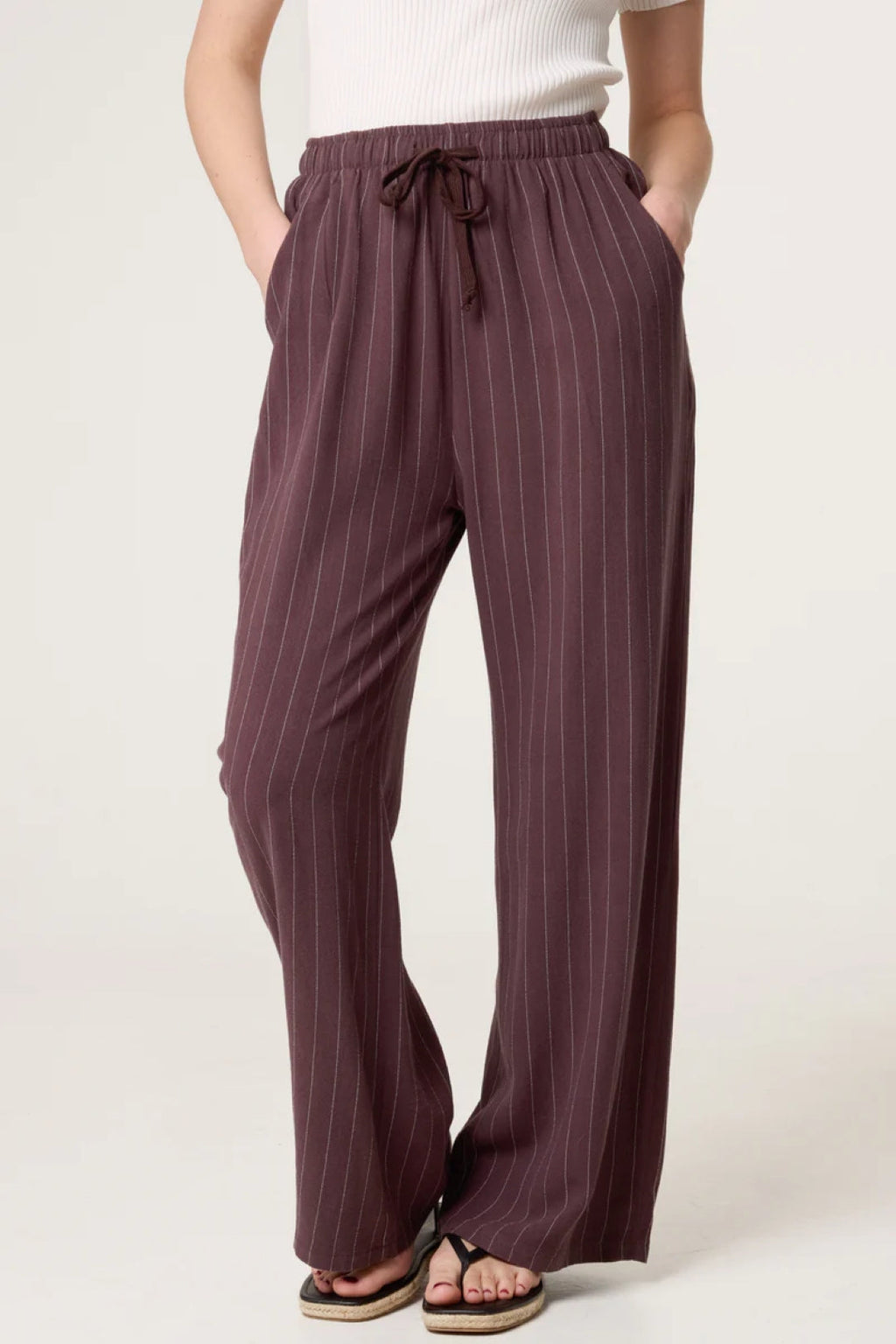 Brown Linen Blend Pin Striped Wide Leg Trousers-2