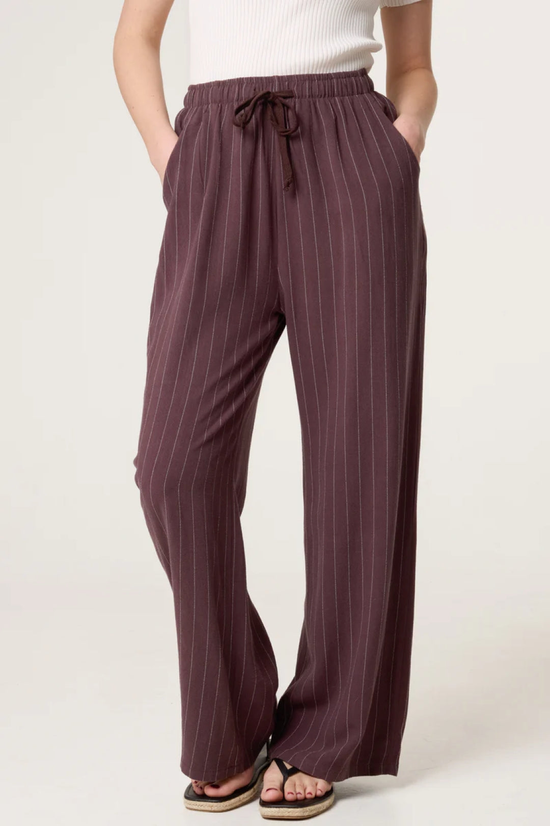 Brown Linen Blend Pin Striped Wide Leg Trousers-2
