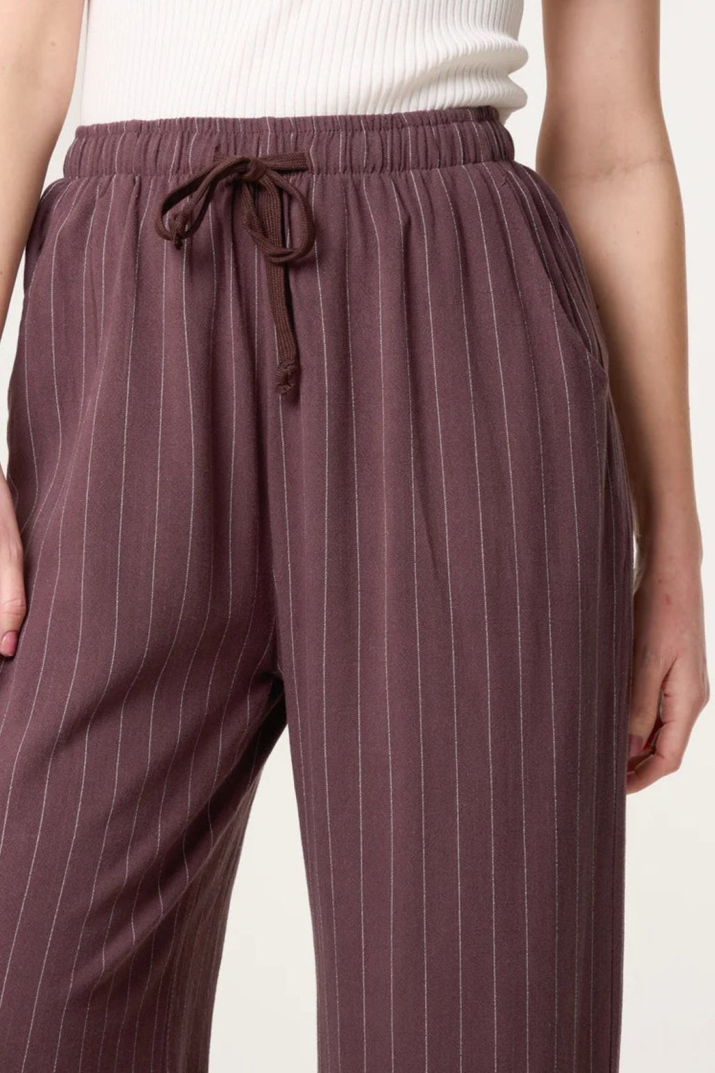 Brown Linen Blend Pin Striped Wide Leg Trousers-3