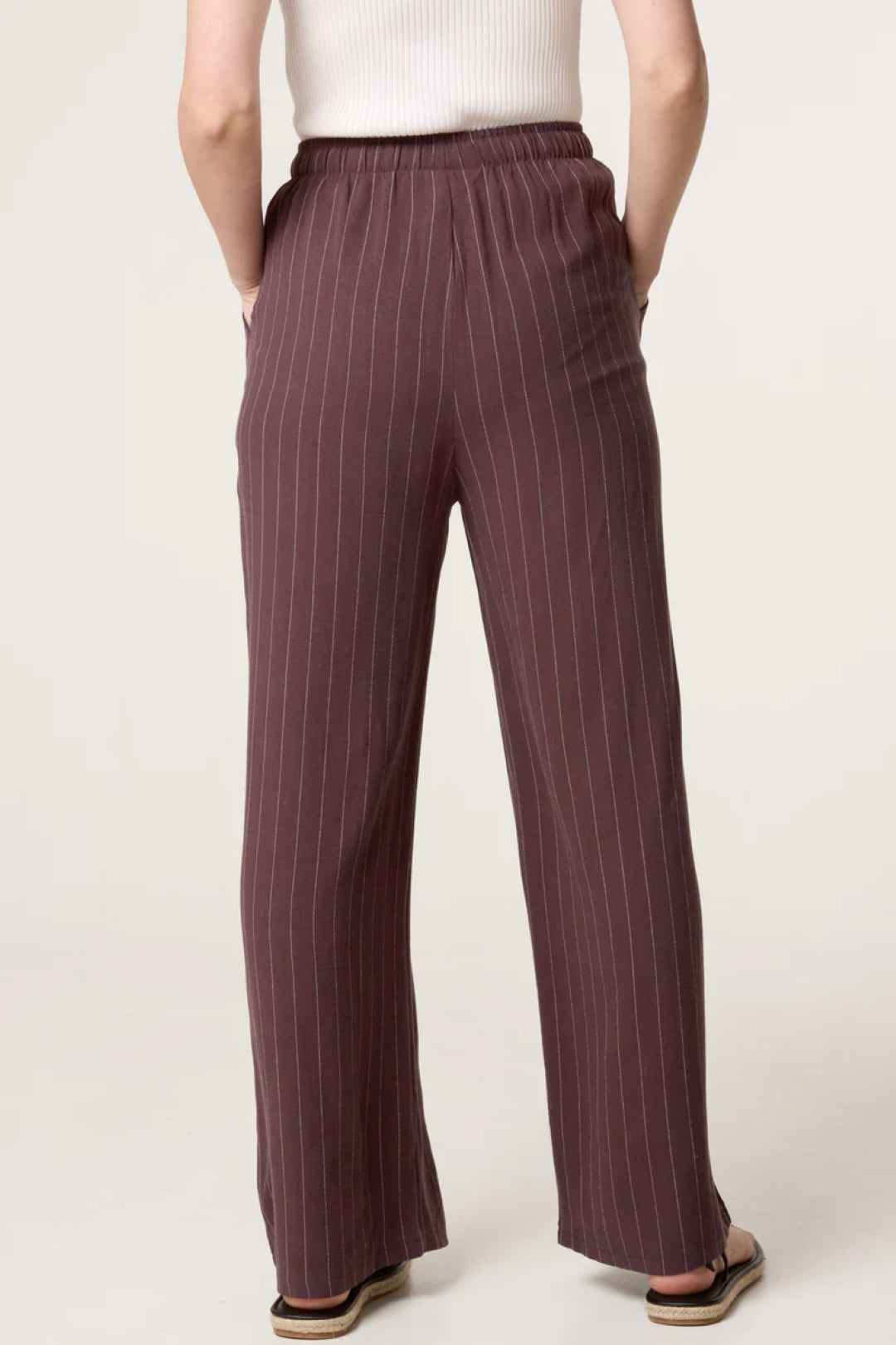 Brown Linen Blend Pin Striped Wide Leg Trousers-4
