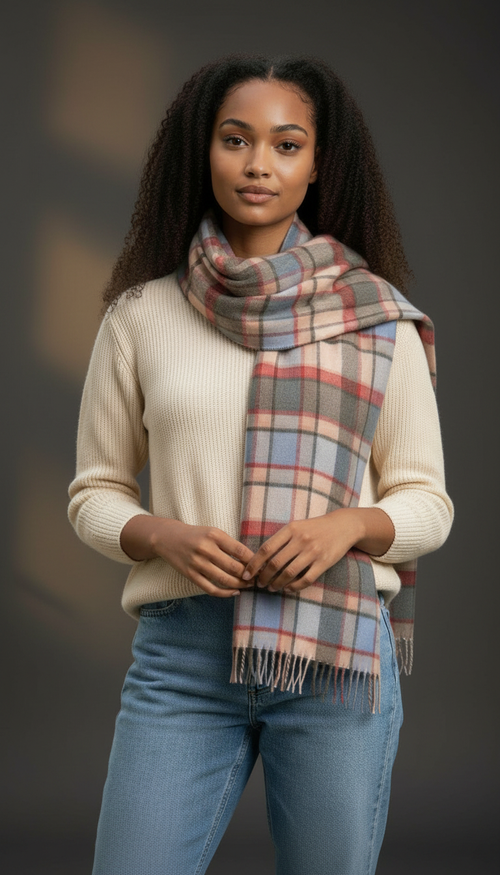 Classic Plaid Pink, Blue & Grey Brushed Cashmere Scarf-0