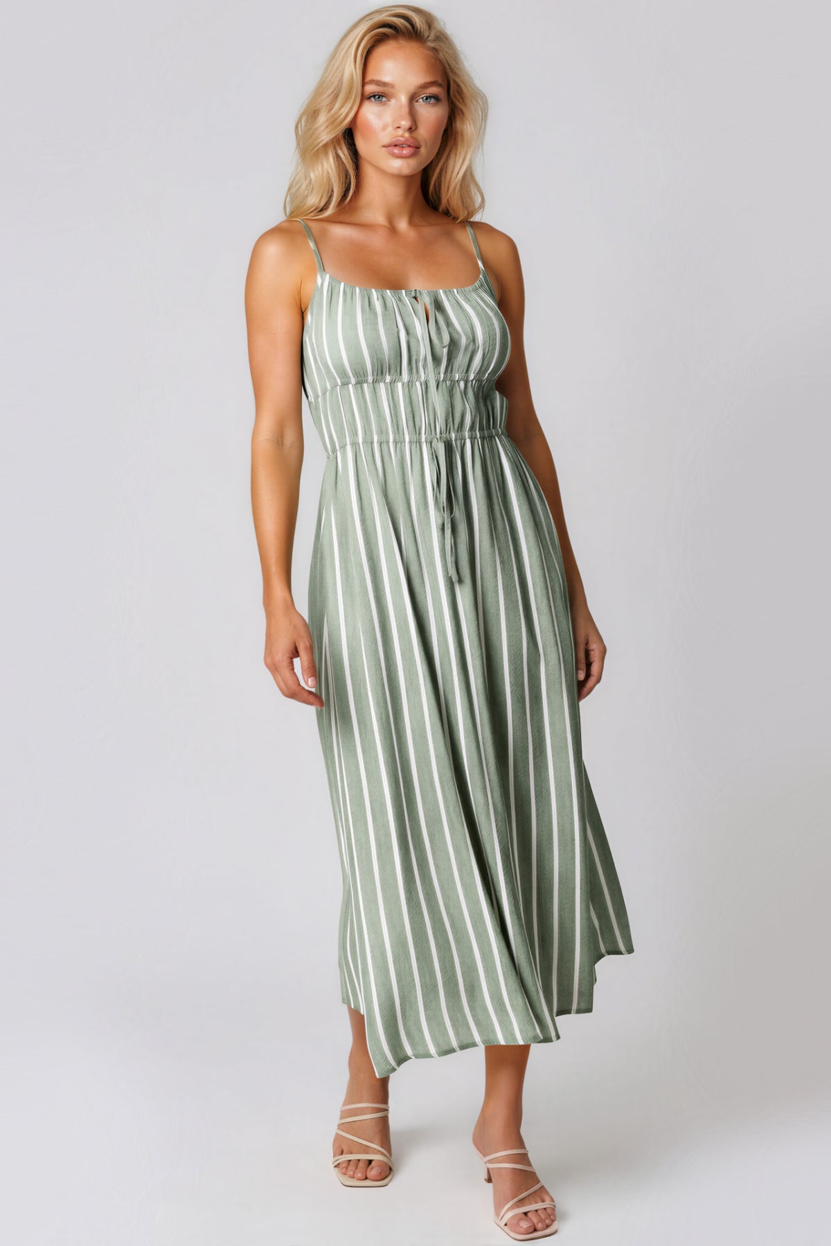 Khaki Pinstripe Tie Front Dress-0