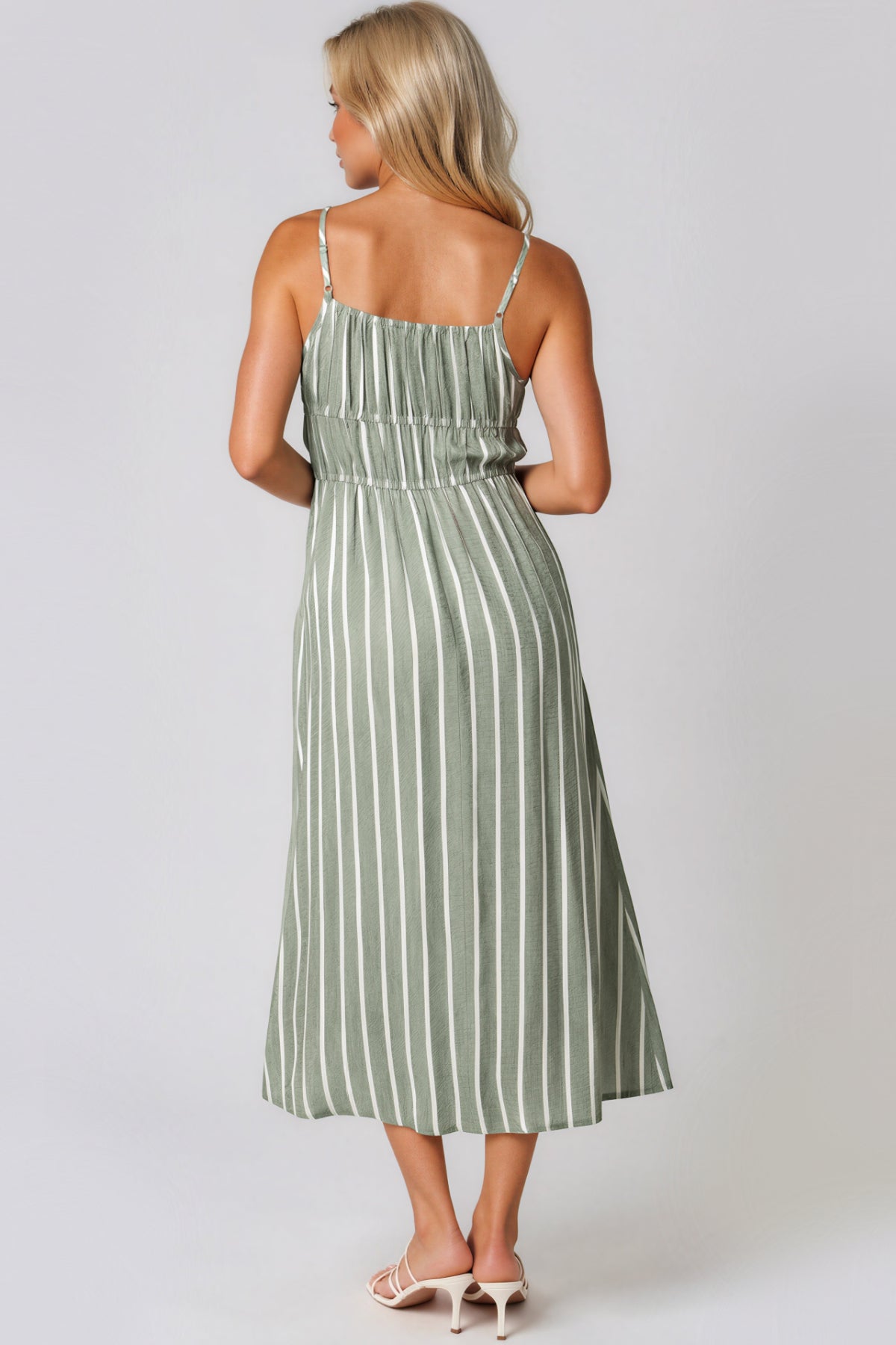 Khaki Pinstripe Tie Front Dress-2
