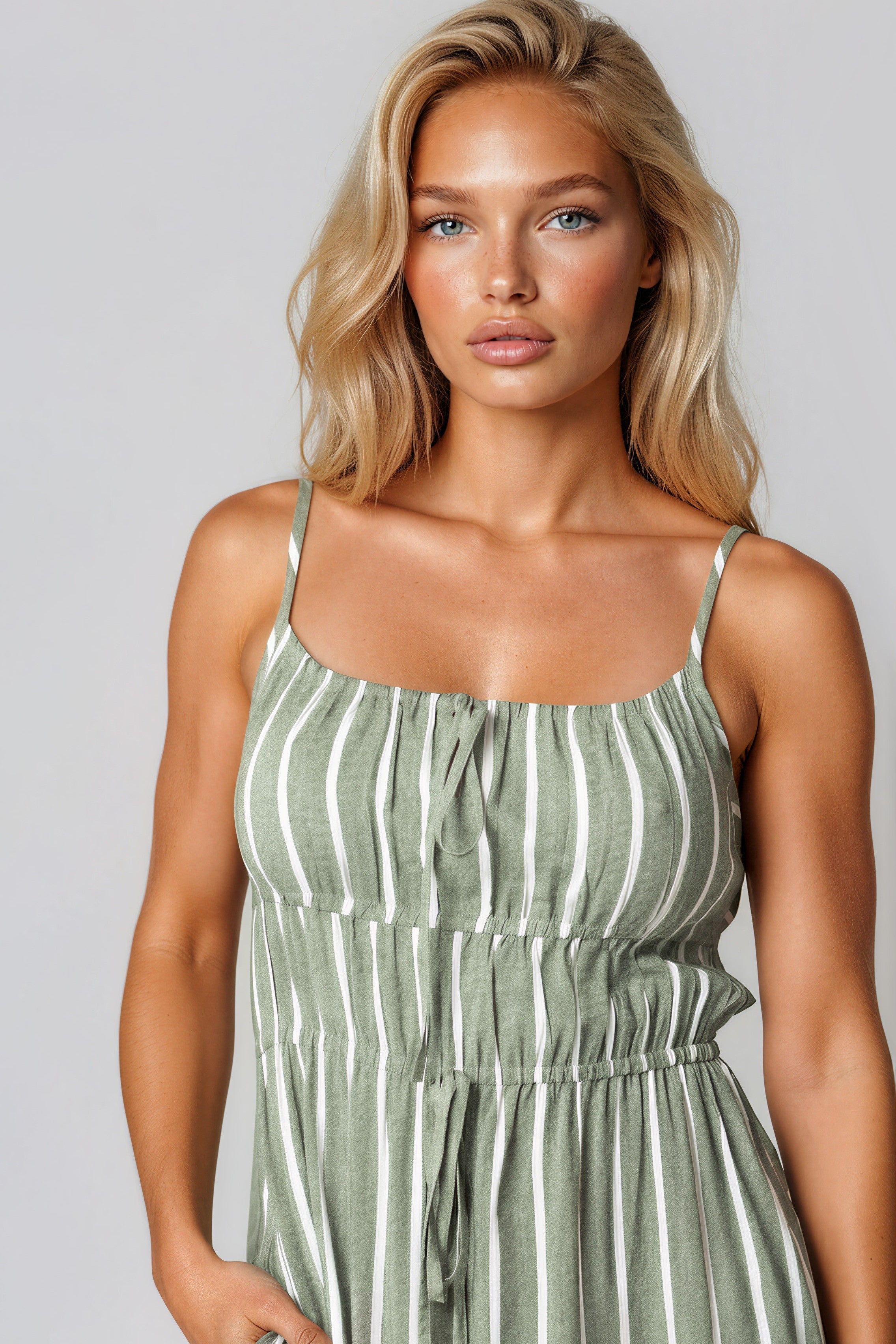 Khaki Pinstripe Tie Front Dress-1