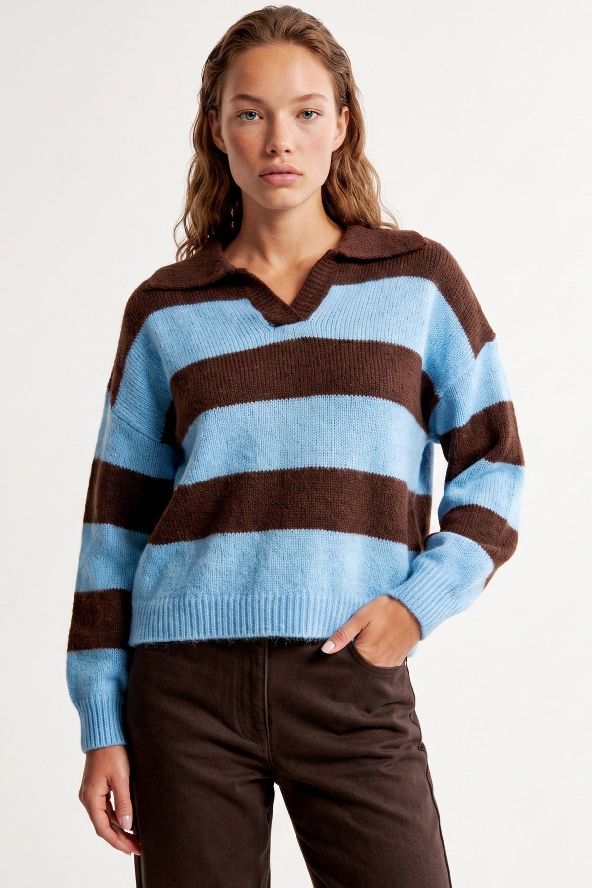 Blue Brown Stripe Collared Knit Jumper-0
