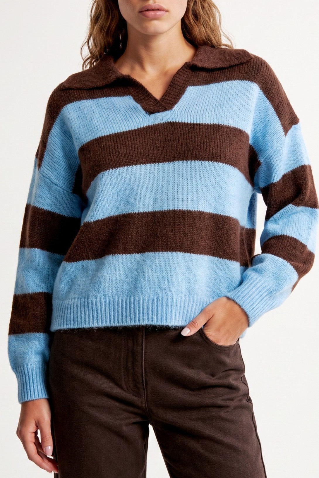 Blue Brown Stripe Collared Knit Jumper-1
