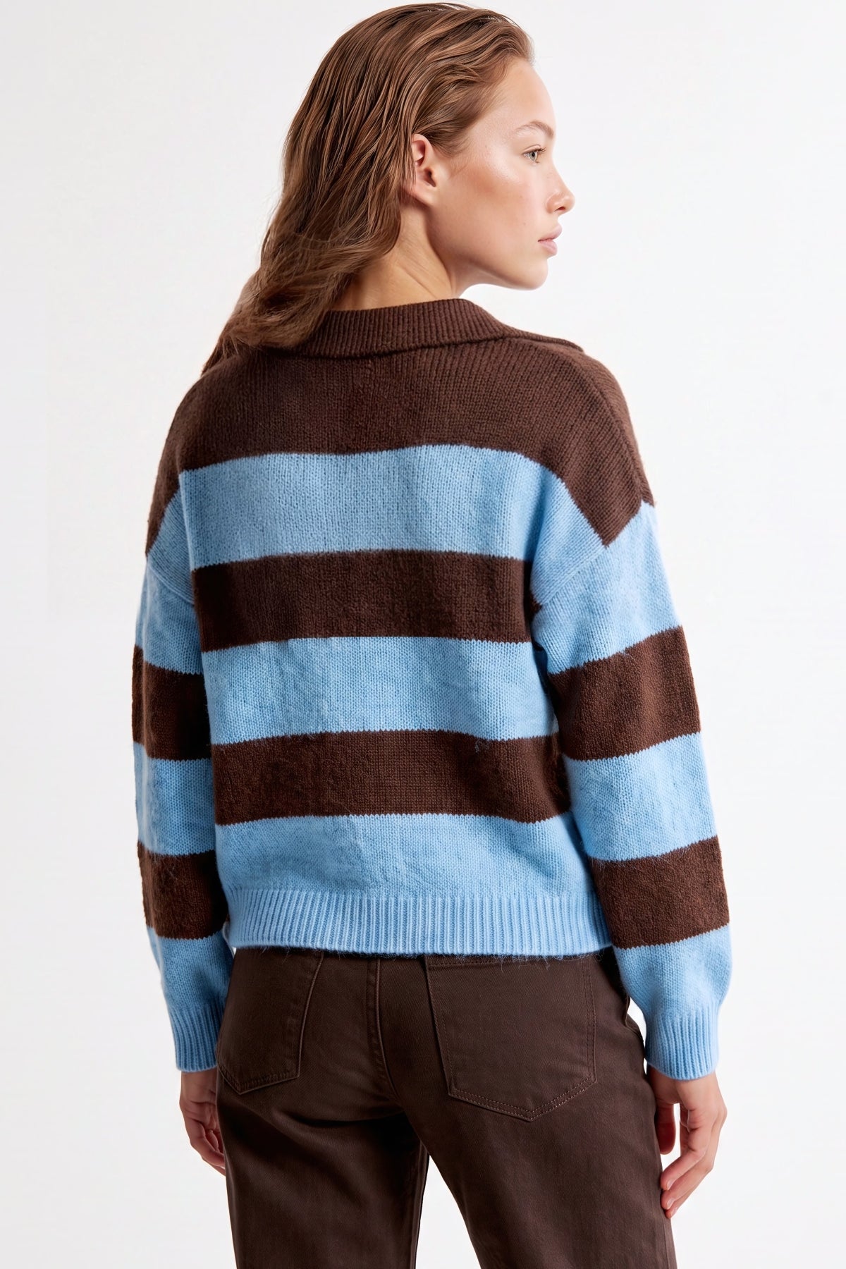 Blue Brown Stripe Collared Knit Jumper-2