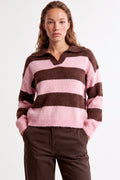Pink Brown Stripe Collared Knit Jumper-0