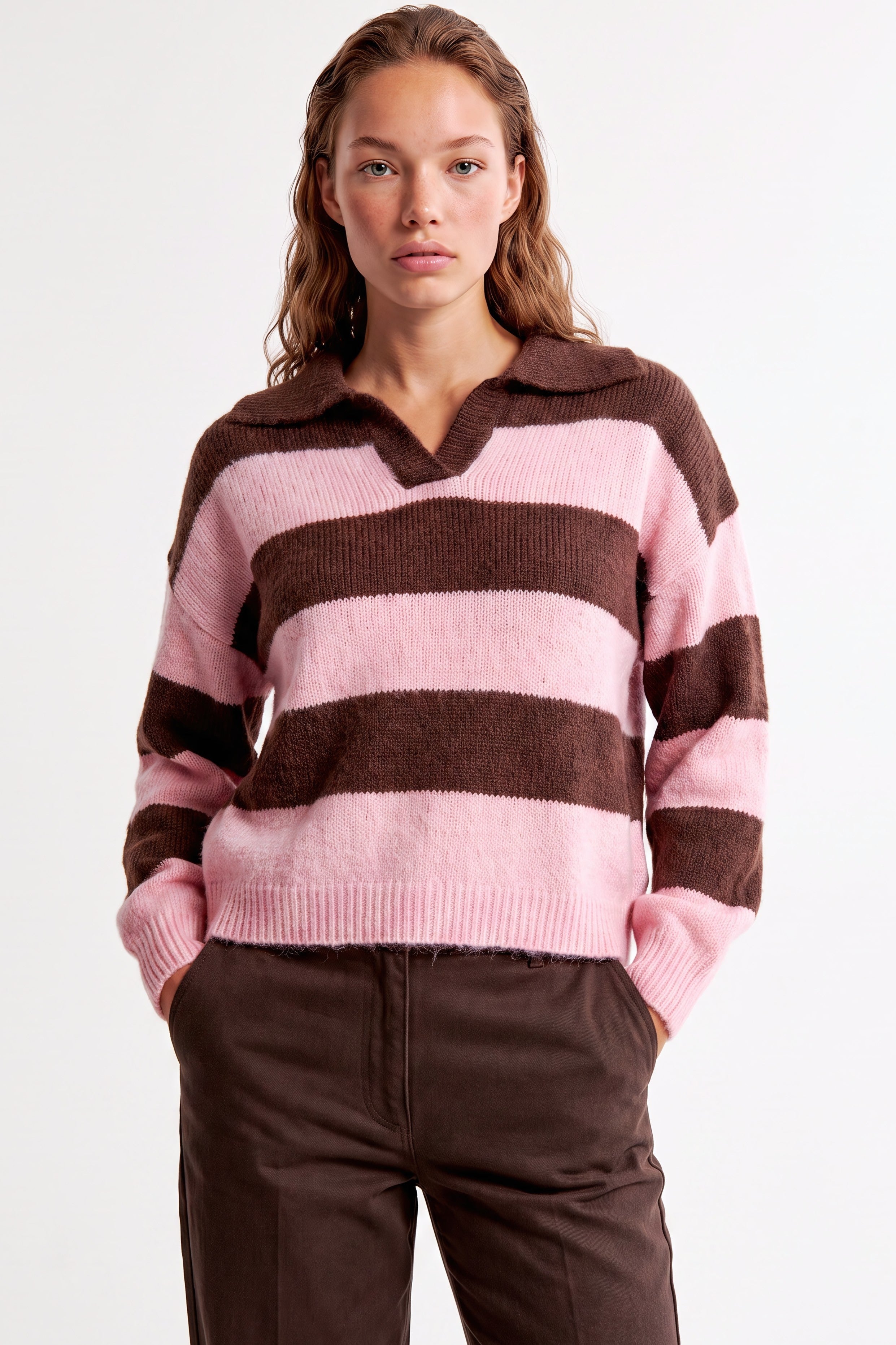 Pink Brown Stripe Collared Knit Jumper-0