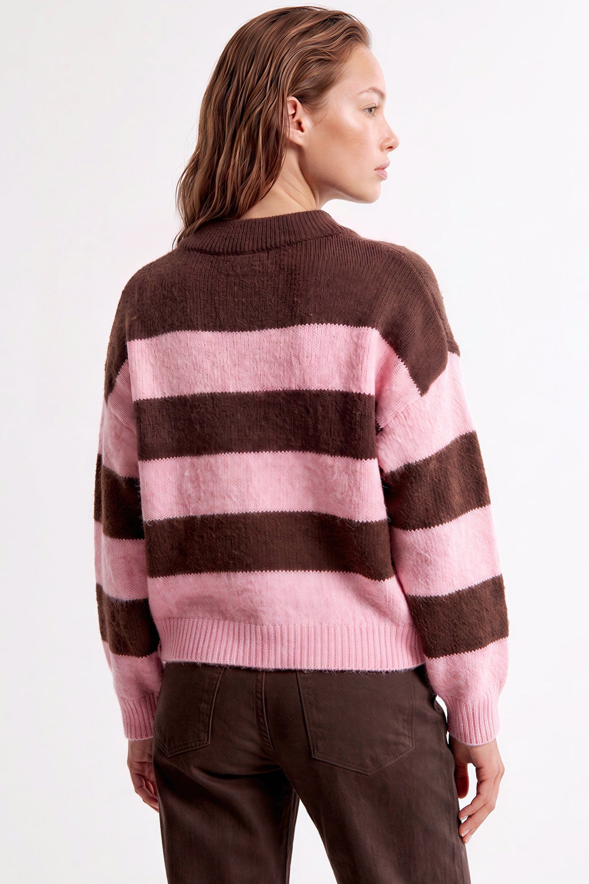 Pink Brown Stripe Collared Knit Jumper-2