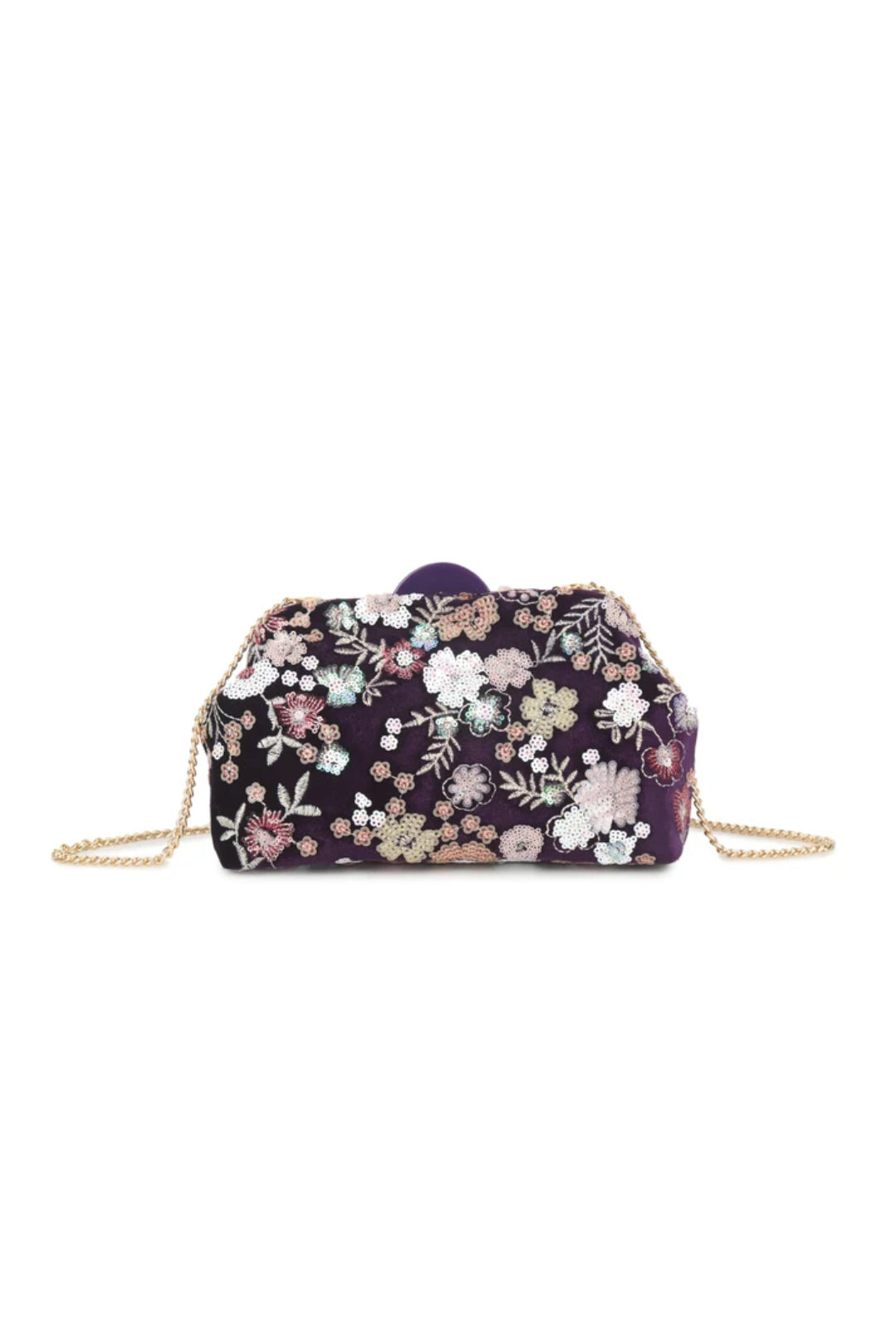 Purple Floral Embellished Velvet Clutch Bag-0