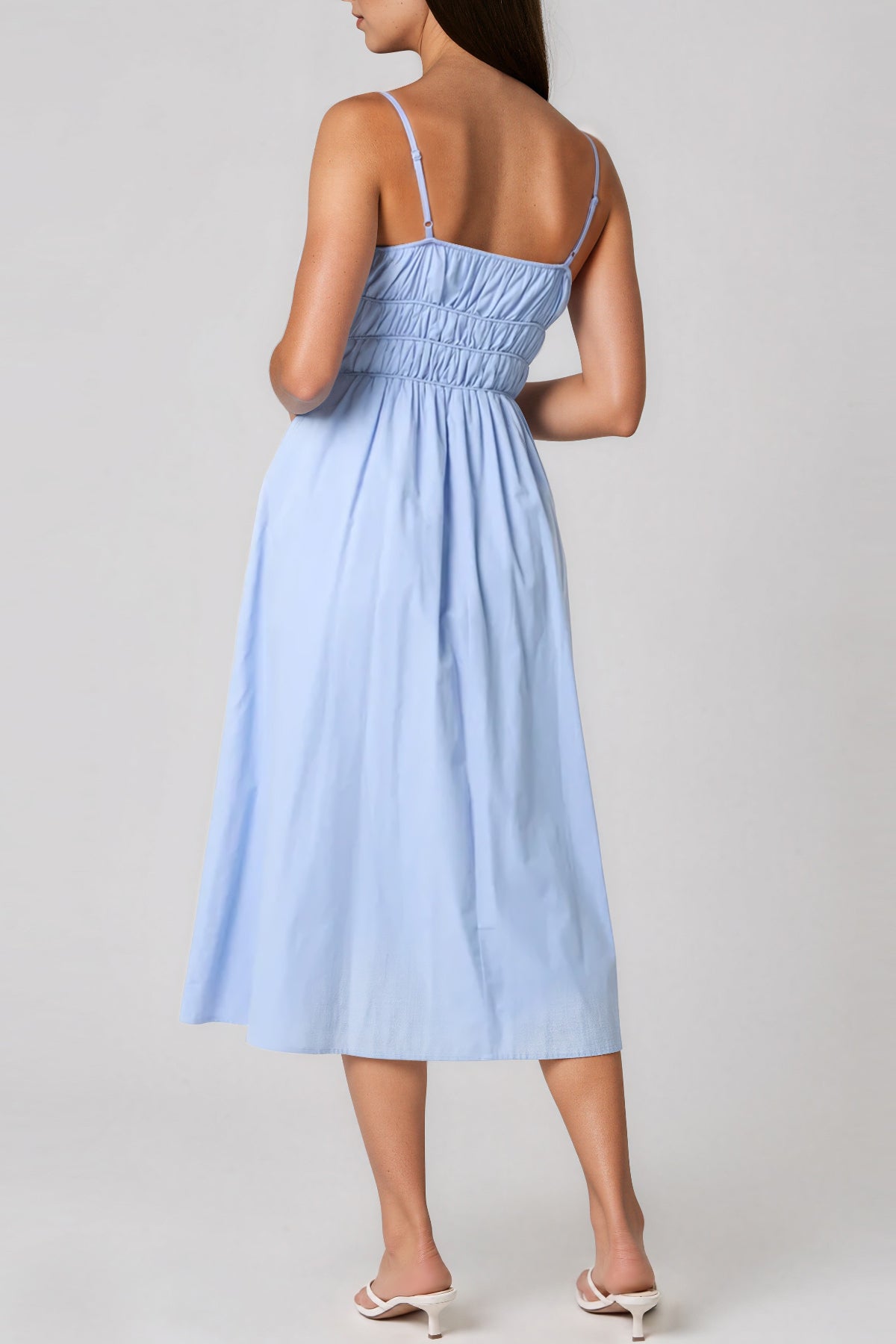 Blue Ruched Strappy Cotton Midi Dress-2