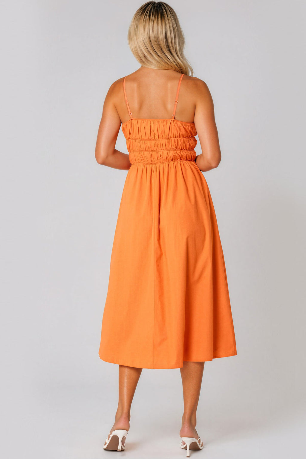 Orange Ruched Strappy Cotton Midi Dress-2
