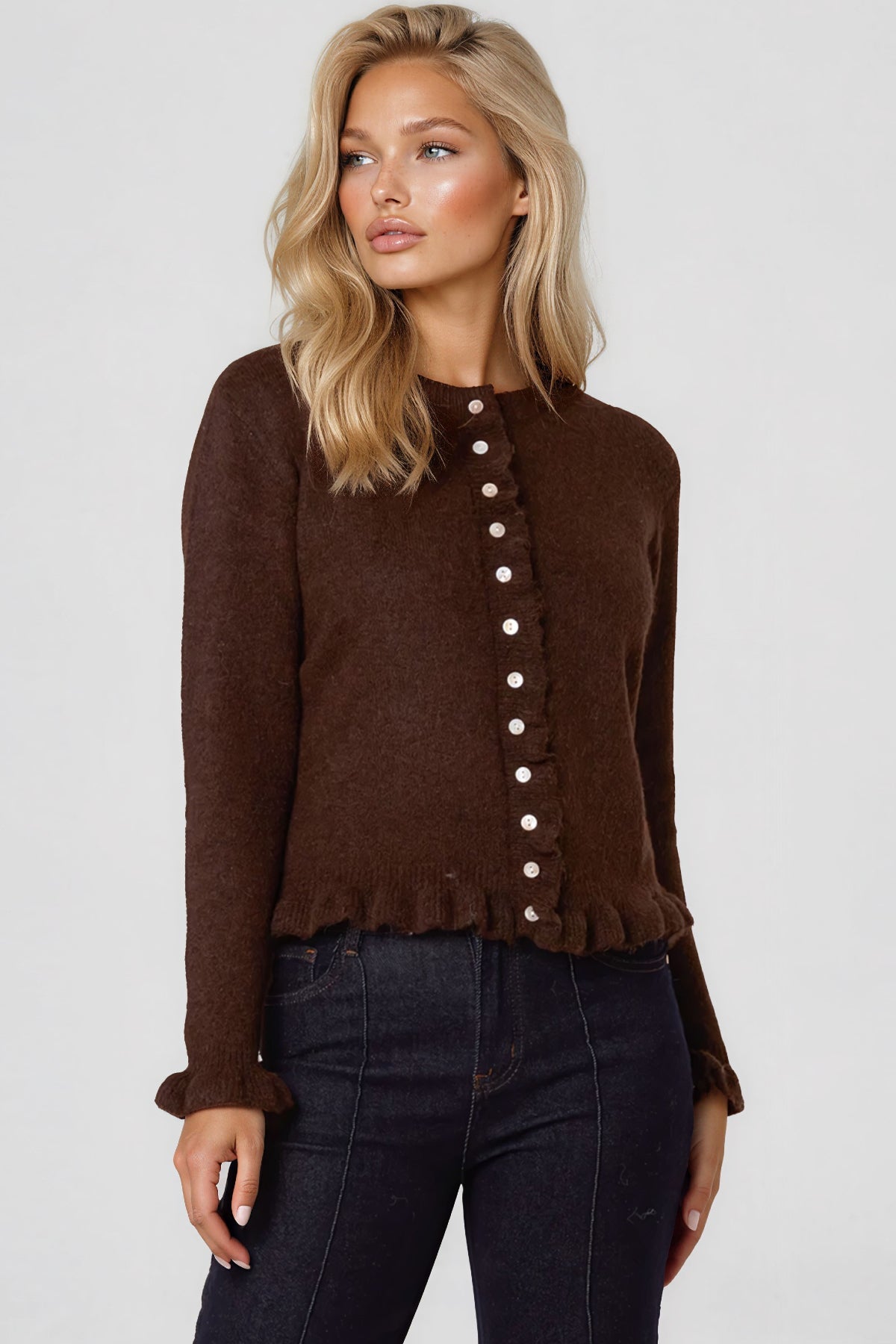 Brown Ruffled Trim Wool Blend Cardigan-1