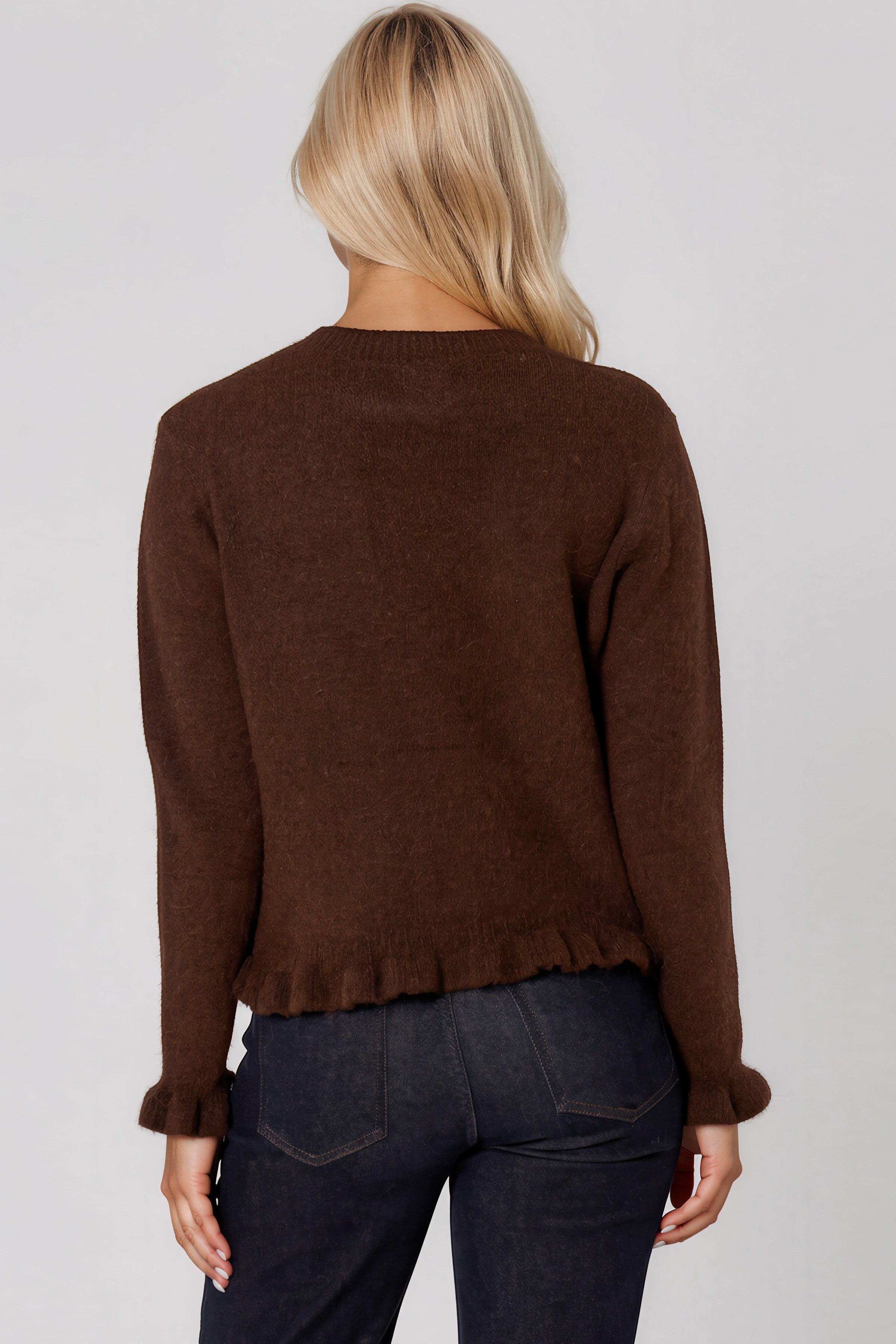Brown Ruffled Trim Wool Blend Cardigan-2