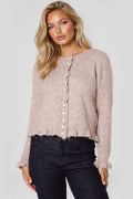 Taupe Ruffled Trim Wool Blend Cardigan-0