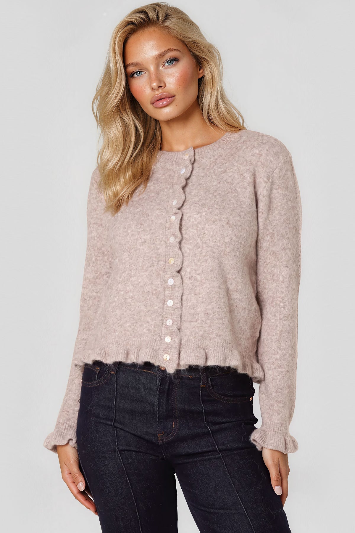 Taupe Ruffled Trim Wool Blend Cardigan-0