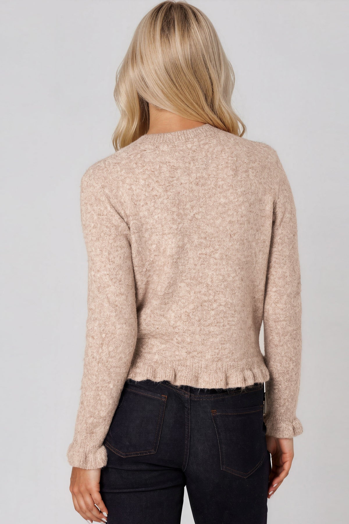 Taupe Ruffled Trim Wool Blend Cardigan-2