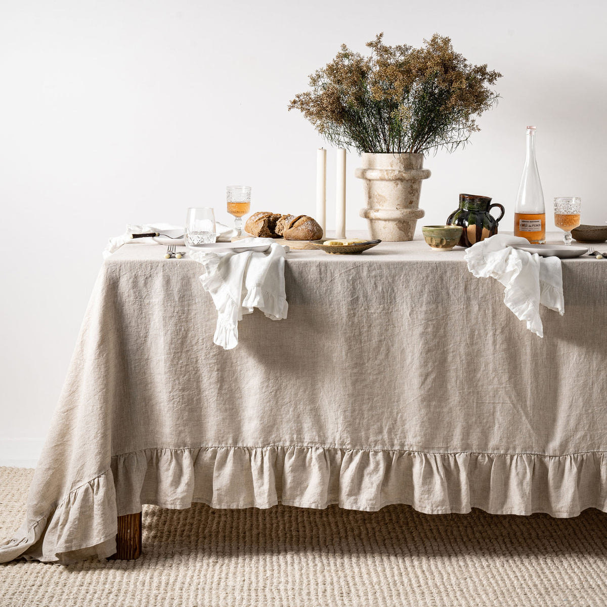 Beige Linen Table Cloth with Ruffles-0