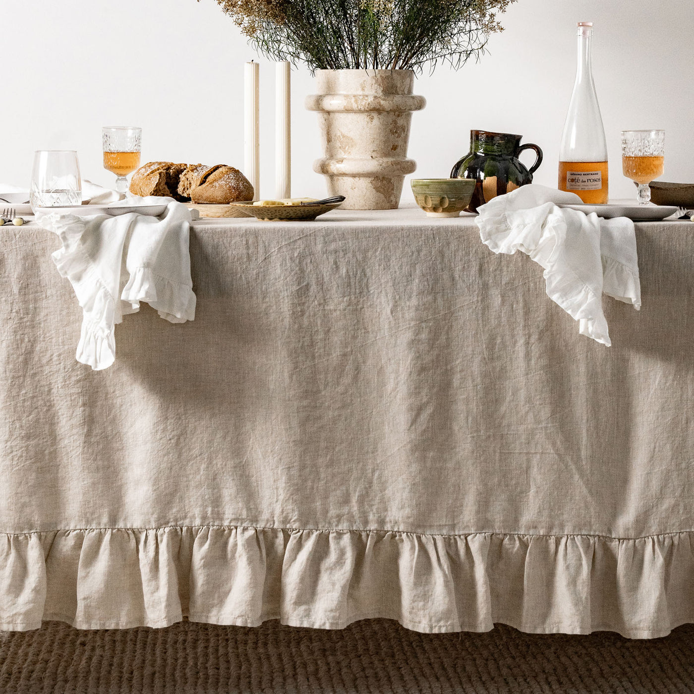 Beige Linen Table Cloth with Ruffles-1