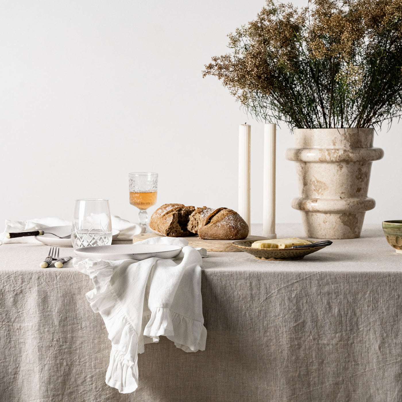 Beige Linen Table Cloth with Ruffles-2