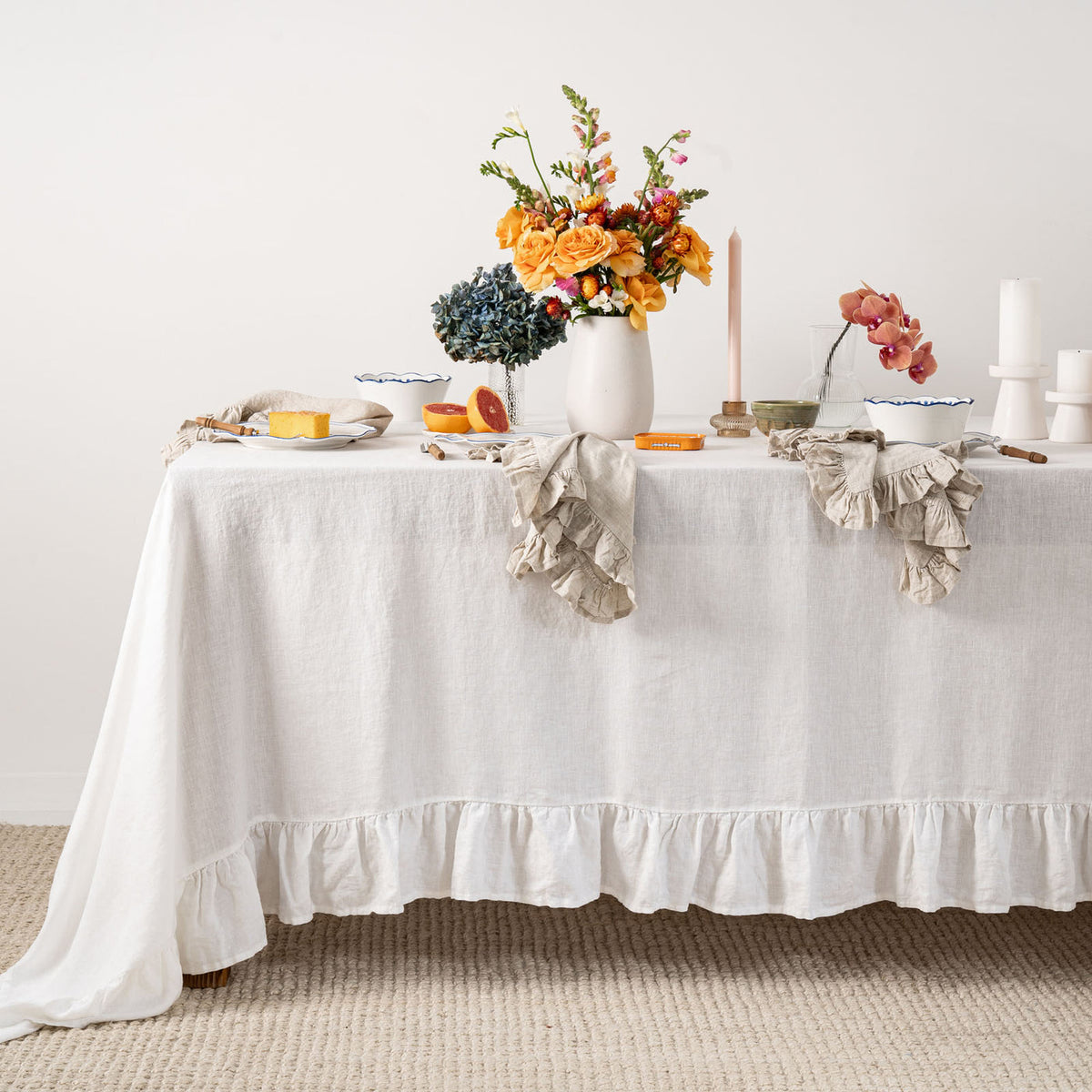 White Linen Table Cloth with Ruffles-0