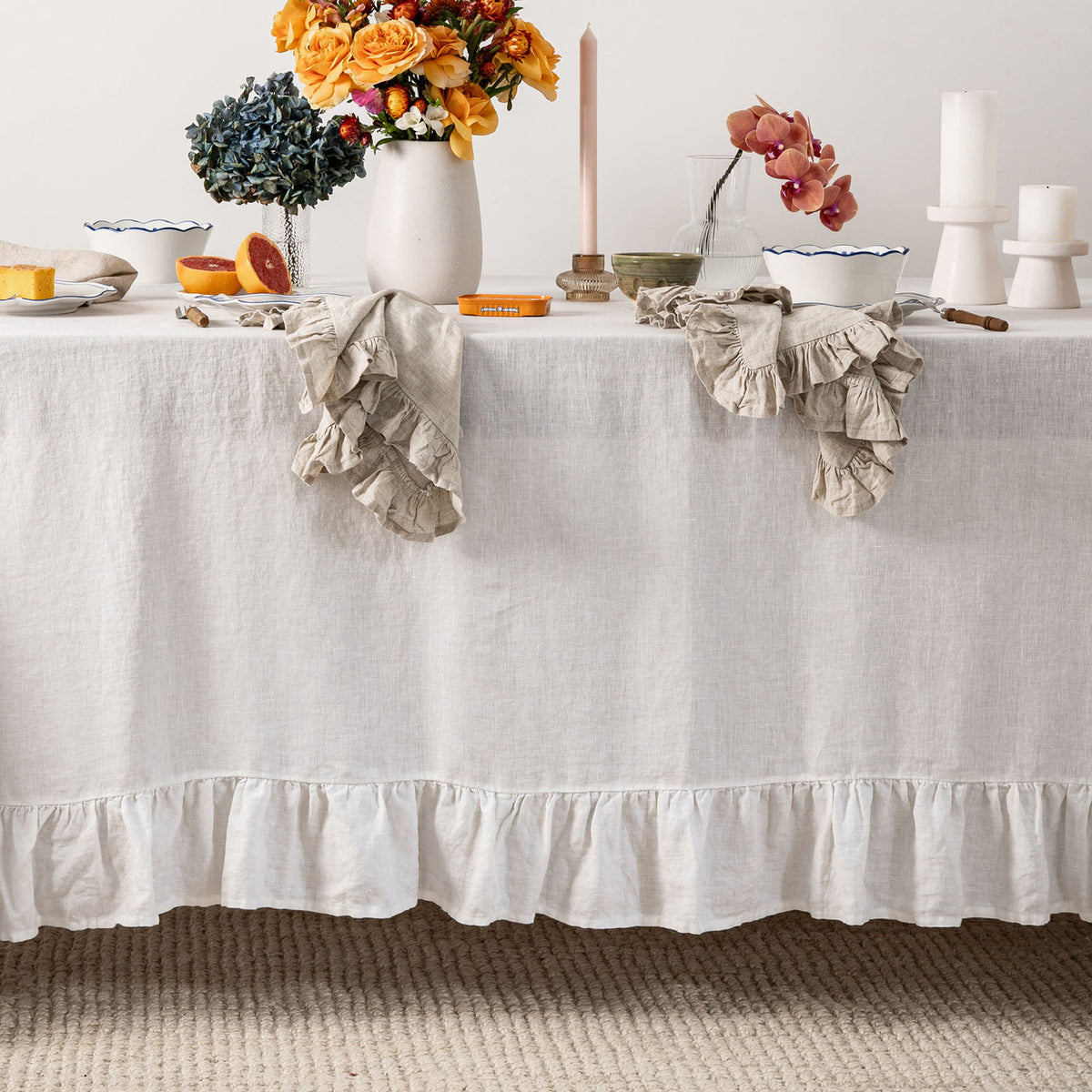 White Linen Table Cloth with Ruffles-1