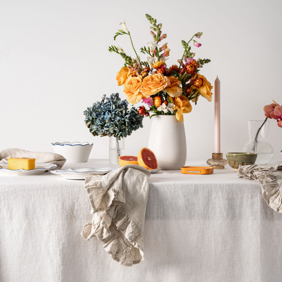 White Linen Table Cloth with Ruffles-2