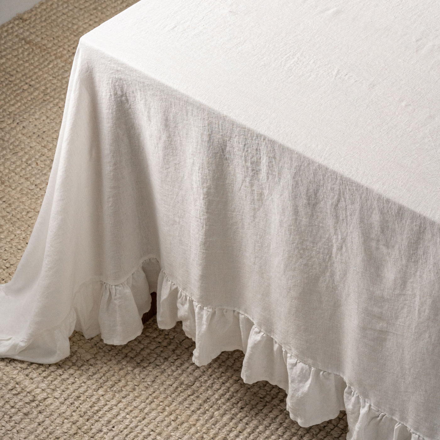 White Linen Table Cloth with Ruffles-4