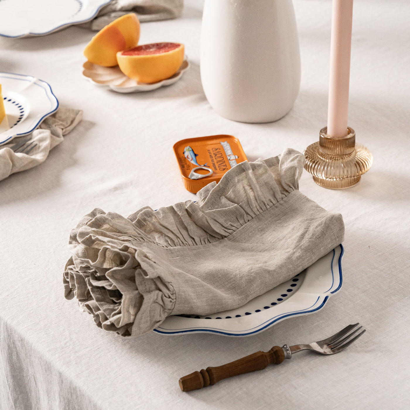 Almond Linen Napkin Set with Ruffles-4