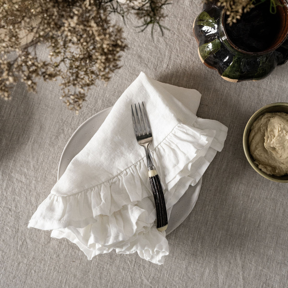 White Linen Napkin Set Ruffles-0